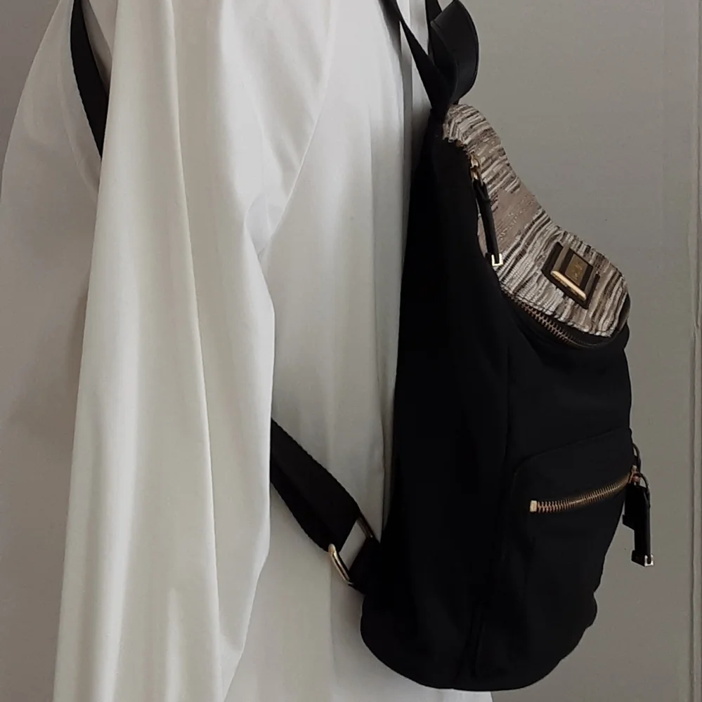 CALVIN KLEIN Gold-Silver Flap Accent Nylon Faux Leather Handbag Backpack